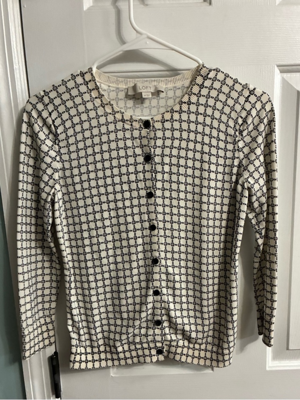 LOFT Cream and Black Patterned Cardigan